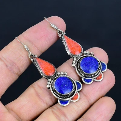 Lapis Lazuli Red Coral Ethnic 925 Sterling Silver Tibetan Nepali Earring 2.7" E2 - Image 1 of 4