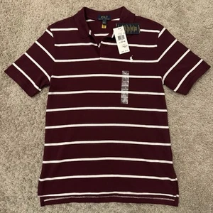 Polo Ralph Lauren Mesh Polo Boys Large 14-16 Burgundy White Striped Shirt NWT - Picture 1 of 8