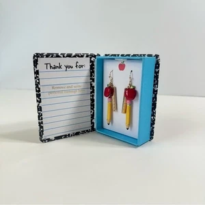 Betsey Johnson Back to School NotebkGold Tone Ruler Pencil W/Apple Earrings NIB - Picture 1 of 14