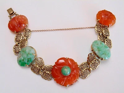 Vtg Chinese Art Deco Jadeite Jade Carnelian Bracelet 14k Yellow Gold Filigree 7" - Image 1 of 4