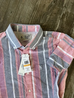 Original Penguin Hot Coral Stripe Men's Short Sleeve Button Up Shirt Size Small - Image 1 of 4