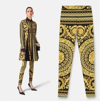38 NUEVO $1,025 VERSACE Negro y Amarillo Clásico BAROCCO Heritage JERSEY LEGGINGS 2 Foto 1 de 4