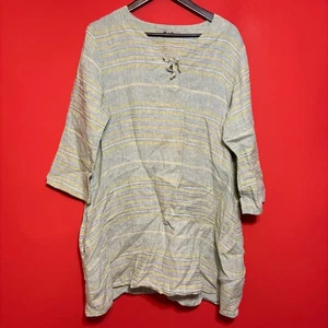 FLAX Striped Linen Tunic Top Blue Green Casual Bohemian Comfortable Medium - Picture 1 of 7