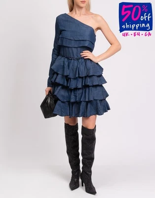 RRP€228 KARL LAGERFELD DENIM Tiered One-Shoulder Dress Size S Made in Italy - image 1 of 4