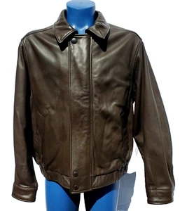 Vtg Eddie Bauer Mens Leather Bomber Jacket Large Brown Zip Collared Lined Heavy - Picture 1 of 10