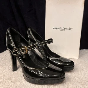 Russell & Bromley Mary Janes Black 39.5 UK 6.5 Patent Leather 4.5" Stiletto Heel - Picture 1 of 10