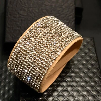 Brazalete envolvente de cristal Swarovski Elements cuero Alcántara tostado brazalete ancho brillante Foto 1 de 4
