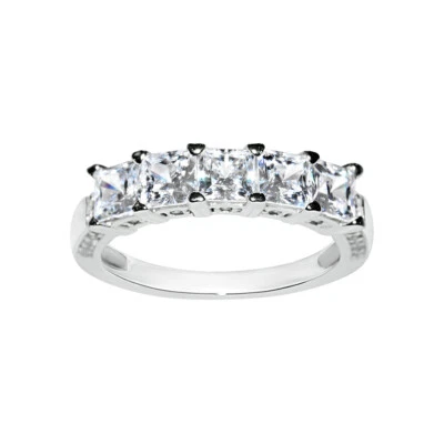 Solid Genuine 14k White Gold 2ct Princess Fine Cubic Zirconia 5-Stone Ring - Image 1 of 4