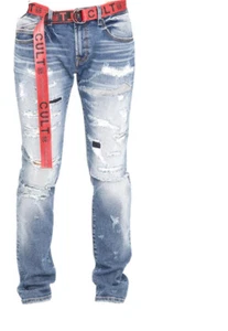 Cult of Individuality Rocker Slim Belted Stretch Straight Leg Denim Jeans $239 - Picture 1 of 9