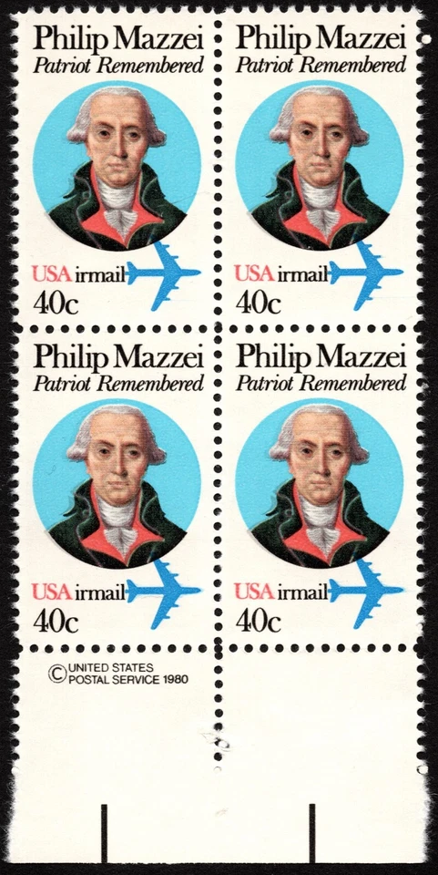 US Stamp Scott # C98A - 40 Cents Mazzei Perf 10 1/2 x 11 1/4 Copyright Block NH - Image 1 of 1