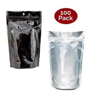 W Gallery 100 Clear Silver Black Mylar Foil Bags, Holds 1/4oz 7g, 5-7 Pre-Rolls  - Picture 1 of 2