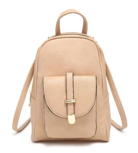 Women's Beige Leather Look PU Bellow Buckle Pocket Mini Backpack. More Colours - Picture 1 of 22