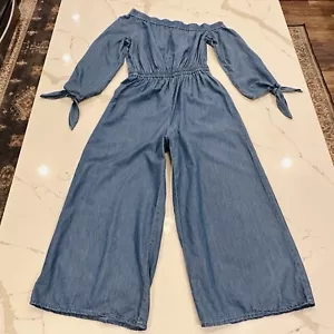 Michael Kors Women’s Denim Chambray Wide Leg Jumpsuit Size XS Off Shoulder Blue - Picture 1 of 12