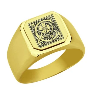 Floral Monogram Letter C Stainless Steel Signet Ring, Stainless Steel Initial... - Picture 1 of 4