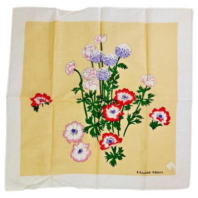 Hanae Mori Handkerchief Vintage Floral Garden Peony Blossoms Cottage Japan READ - Image 1 of 4