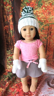 WHITE/GREEN  HAT &  MITTENS " FITS" 18" DOLL (SUCH AS  AMER GIRL) HAND MADE/KNIT Foto 1 de 4