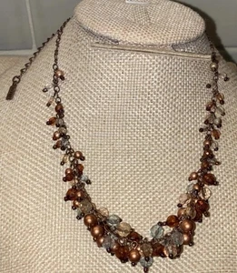 1928 Collection Cluster Rhinestone Moon Glow Necklace Copper Rose Tone 18” - Picture 1 of 6