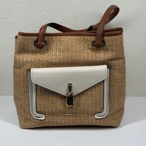 Bolso de Mano Calvin Klein Natural Paja y Marrón Blanco Cuero Borde Lona Rafia - Imagen 1 de 8