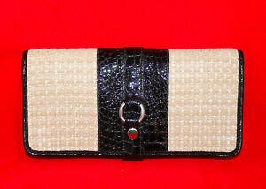 COLE HAAN Woven Natural Straw Clutch Purse w/ Black Croco Patent Leather Trim