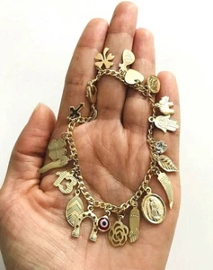 14K Yellow Gold Plated Charm Money Good Luck Evil Eye Adult Bracelet  -B91 - Picture 1 of 5