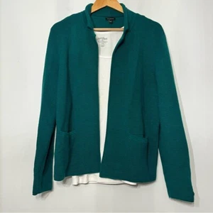 Talbots Cardigan Ribbed Open Blazer Green Large Lambswool Blend Pockets - Picture 1 of 10