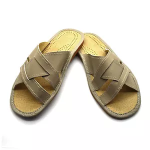 Mens Leather Slippers Slip On Shoes Sandals Size 6 7 8 9 10 11 12 UK Beige - Picture 1 of 10