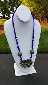 ARTISAN STATEMENT NECKLACE ETHNIC INDIAN BLUE GREEN GLASS BEAD YEMIN SILVER