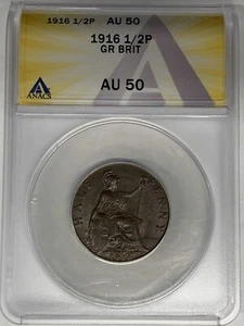 1916 Great Britain 1/2 Penny Copper Coin ANACS AU 50 - Picture 1 of 2