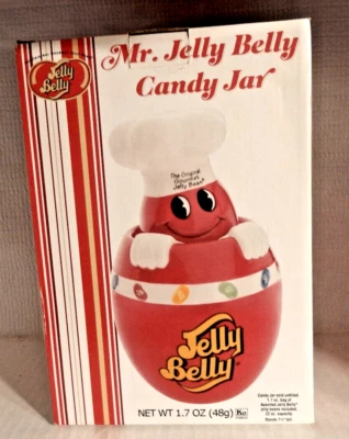 { NOS Mr Jelly Belly Candy Jar Ceramic Canister 7 1/4" Tall 22 Oz Capacity 2006 - Image 1 of 4