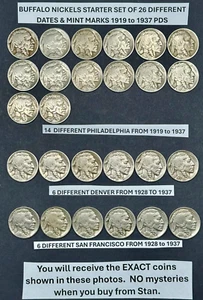 Starter Buffalo Nickels Juego de 26 monedas DIFERENTES fechadas 1919-1937 PDS #A29 - Imagen 1 de 7