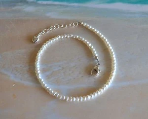 White Pearl & Italian .925 Sterling Ankle Bracelet 8 to 9 Inch with Silver Heart - Picture 1 of 12