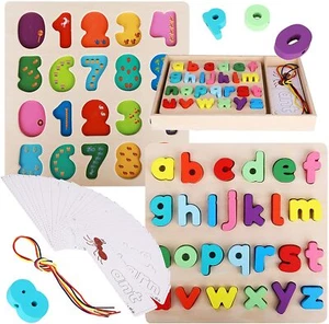 Alphabet Number Puzzles & Flash Cards – with Lacing Beads and Threads - Preschoo - Picture 1 of 8