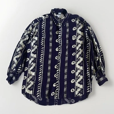 Vintage 80s Haupt 100% Viscose Linen Button Up Graphic Flowy Navy M Made Germany - Image 1 of 4