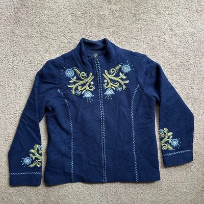 Icelandic Design Sweater Womens Large Full Zip Wool Navy Blue Pockets - Image 1 of 4