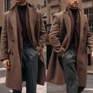Herren Brauner Mantel Doppelreihige Jacke Spitzkragen Winter Lang Business - Picture 1 of 10