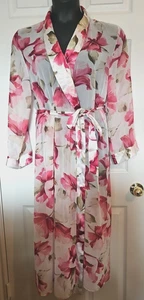 VTG California Dynasty M Hot Pink Ivory Floral Print Robe Satin Trim Tie Belt - Picture 1 of 5