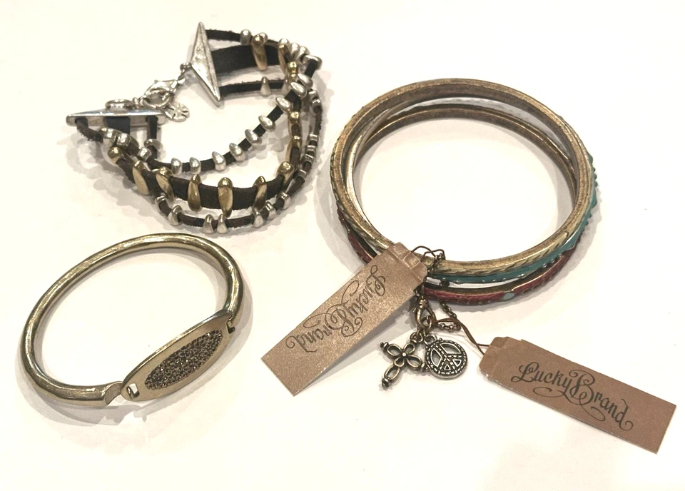 LUCKY BRAND GOLD SILVER LEATHER FAUX TURQUOISE ENAMEL BRACELETS CHARMS LOT 6 LN - Image 1 of 4