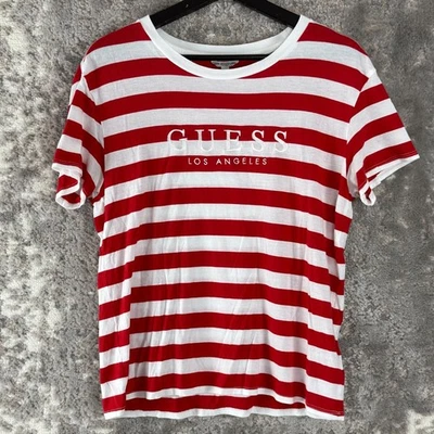Camiseta informal Guess talla S S Spellout a rayas roja blanca manga corta pulóver Foto 1 de 4