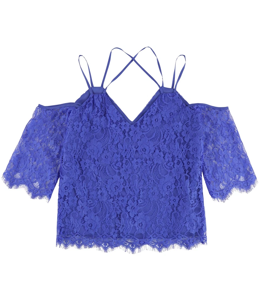Bar III Womens Blue Cold Shoulder Lace Pullover Top Blouse L BHFO 8367
