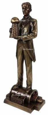 12" Inventor NIKOLA TESLA Holding Wardenclyffe Tower Motor  Bronze Finish Statue - Image 1 of 4