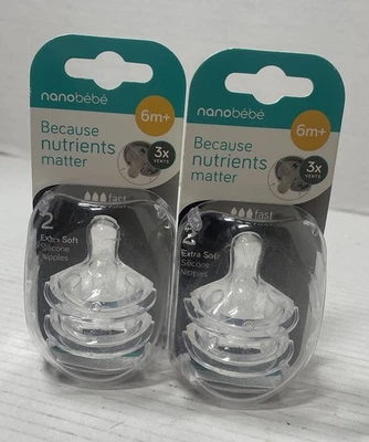 Lot of 2 2-Pack (4) NANOBEBE 6m+ Extra Soft Clear Silicone Nipples Fast Flow NEW - Image 1 of 4