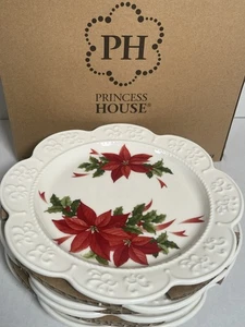 Princess House Marbella Christmas Poinsettia Luncheon 4 Plates - Picture 1 of 9