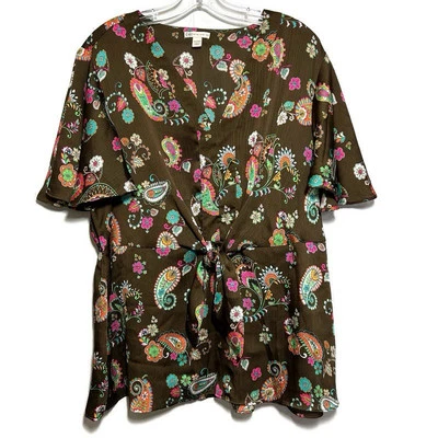 Cato Est 1946 Top 18/20W Brown Paisley Popover Tie Front Back Elastic Waist - Image 1 of 4