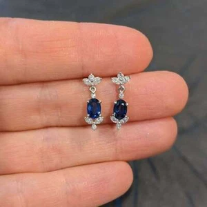 Lab Created 2Ct Oval Cut Blue Sapphire Drop & Dangle Earrings14K White Gold Over - Picture 1 of 4