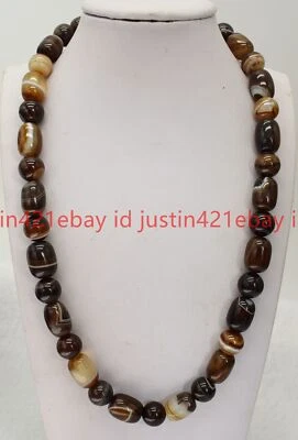 10x14mm Natural Brown Striped Agate Cylinder Beads Gemstone Necklace 18" AAA+ - Image 1 of 4