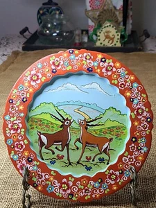 VTG Signed Wooden Handmade Ukrainian folkart painting 8.5" Wood Plate  GAZELLES  - Picture 1 of 10
