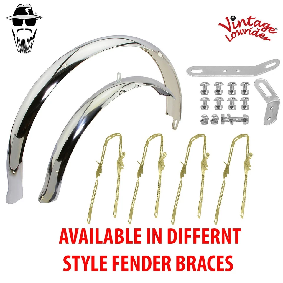 Guardabarros vintage Lowrider 26" acampanados estándar cola de pato cromados con soportes retorcidos. Foto 1 de 1