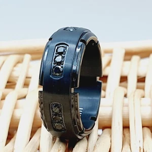Unique Black Titanium Wedding Band for Men Engagement Ring Black CZ Promise Ring - Picture 1 of 7
