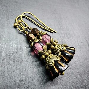 Flower Pod Earrings With Jet Black, Amethyst Purple & Metallic Bronze Czech Gift