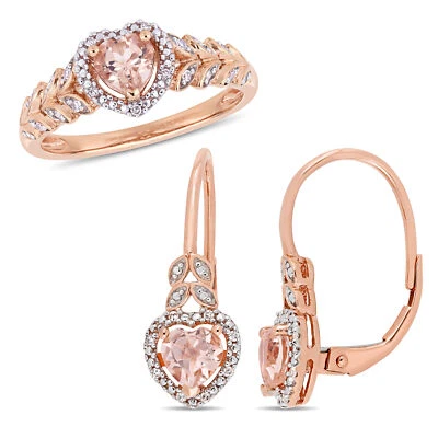 Amour 10K Rose Gold Morganite and 1/10CT TDW Diamond Heart Halo Jewelry Set Foto 1 de 4